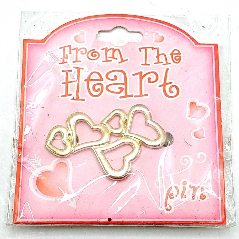 From The Heart Vintage Triple‎ Interlocking Hearts Brooch Pin Gold Tone NOS Pin
